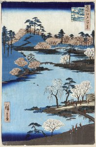 Åpen hage ved Fukagawa Hachiman-helligdommen, Edo, Japan, tresnitt av Ando Hiroshige av Ando or Utagawa Hiroshige