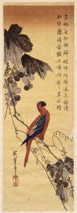 Papegøye og druer (farget treblokktrykk) av Ando or Utagawa Hiroshige