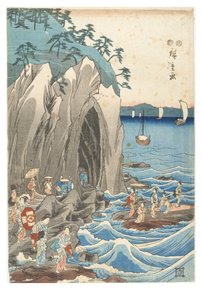 Pilgrimsreise til utstillingen av Benzaiten-statuen i hovedhelligdommen til Iwaya ved Enoshima i provinsen Sagami, ca. 1847-1852 (treblokktrykk på papir) av Ando or Utagawa Hiroshige