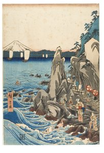 Pilgrimsreise til utstillingen av Benzaiten-statuen i hovedhelligdommen til Iwaya ved Enoshima i provinsen Sagami, ca. 1847-1852 (treblokktrykk på papir) av Ando or Utagawa Hiroshige