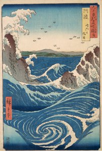 Rough Seas at the Whirlpools of Awa, fra Views of Famous Places in the Sixty-Odd Provinces, pub.1855 (farget treblokktrykk)