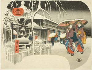 Snow (Yuki), fra serien "Famous Places of Edo, c.1849-52 (farget treblokktrykk; uchiwa-e) av Ando or Utagawa Hiroshige