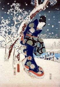 Snow Scene in the Garden of a Daimyo, en del av Triptych (silketrykk) av Ando or Utagawa Hiroshige