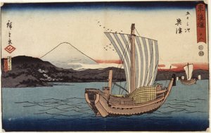 Station 18, Okitsu (treblokktrykk) av Ando or Utagawa Hiroshige