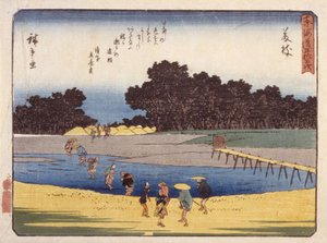 Station 23, Fujieda (farget treblokktrykk) av Ando or Utagawa Hiroshige