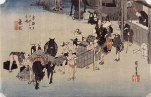 Station 23, Fujieda (farget treblokktrykk) av Ando or Utagawa Hiroshige