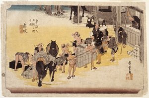 Station 23, Fujieda (farget treblokktrykk) av Ando or Utagawa Hiroshige