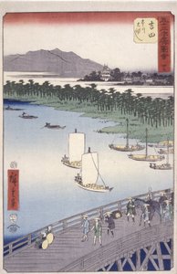 Stasjon 35, Yoshida; Kyoka Tokaido-serien (figurer som krysser forgrunnen) (treblokktrykk i farger) av Ando or Utagawa Hiroshige
