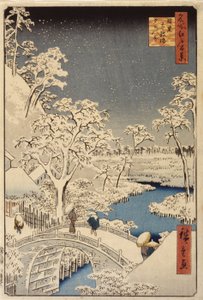 Taiko Bridge And Sunset Hill In Meguro (farget treblokktrykk) av Ando or Utagawa Hiroshige