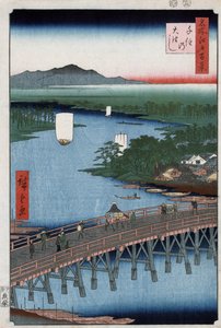 Den store broen til Senju krysser Sumida-elven, med fjell i bakgrunnen, tresnitt av Ando Hiroshige av Ando or Utagawa Hiroshige