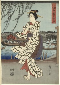 Woman Walking on a Riverbank, pub.C1848 (treblokktrykk i farger) av Ando or Utagawa Hiroshige