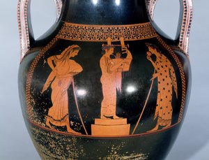 Lofts rød-figur amfora som viser en citharede som opptrer i en musikalsk konkurranse, ca. 525-520 f.Kr. (keramikk) av Andokides Painter