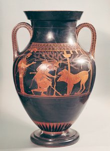 Loftsbukamfora med rød figur som viser Herakles som fanger Kerberus, gresk, fra Athen, 600-tallet f.Kr. (keramikk)