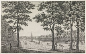 Utsikt over den franske leiren på Malieveld i Haag til ære for tiltredelsen av Louis Napoleon til tronen av André