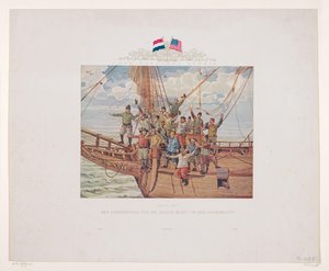 Henry Hudsons skip, Halve Maen, nærmer seg den nordamerikanske kysten, 1609 Land i sikte! Skipsfolket til Halve Maen på baugen (tittel på objekt) av André Vlaanderen