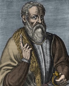 Hernando Cortez eller Cortes (1485-1547) Spansk conquistador-gravering etter Andre Thevet (1516-1590) - Portrett av conquistador Hernan (ou Hernando) Cortes ou Fernand Cortez (1485-1547) av Andre (after) Thevet
