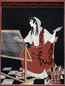 Odyssee d'Homere: Penelope, Odyssey of Homer: Penelope løsner konstant og gjør om billedveven på vevstolen sin mens hun venter på at Odysseus kommer tilbake) Illustrasjon av Andre Bonamy (1880-1943) i "Le retour d'Ulysse" av Jean Baptiste av Andre Bonamy