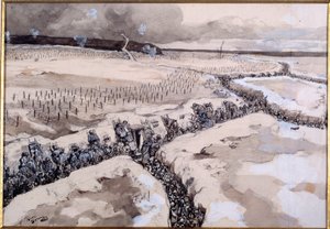 Før et angrep. Soldater i skyttergravene rett før angrepet vinteren 1915 (akvarell og blyant)