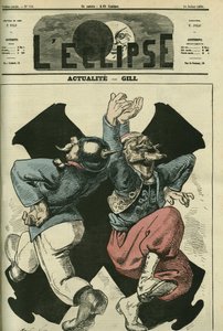 Faktisk, prøyssisk soldat og fransk danser foran kanonene fra den fransk-prøyssiske krigen. Omslag i "" L'Eclipse"" av Gill, 16. juli av Andre Gill