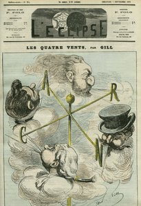Tegneserie "De fire vinder", som symboliserer de fire politiske partiene. Omslag i "" L'Eclipse"" av Gill, 7. september av Andre Gill