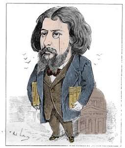 Cartoon by Alphonse Daudet (1840-1897), a French writer, represented with his books and his monocle before the Institut de France in Paris. Drawing by Andre Gill. Engraving in “” Le Monde Illustré””