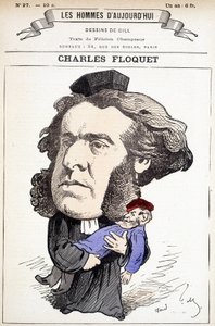 Tegneserie av Charles Floquet (1828-1896), advokat og president for rådet mellom 1888 og 1889. Han såret general Boulanger i en duell, hvis ideer han kjempet mot. Tegning av Gill i «The Men of Today». av Andre Gill
