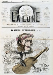 Tegneserie av Jacques Offenbach (1819 - 1880), ridende på fiolin - av Gill i "" La Lune"" fra 04.11.1866 av Andre Gill