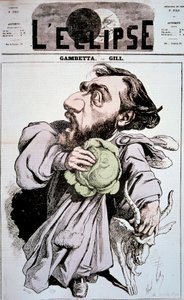 Tegneserie som viser Leon Gambetta (1838-1882), en fransk politiker. Tegning av Andre Gill (1840-1885) i "" L