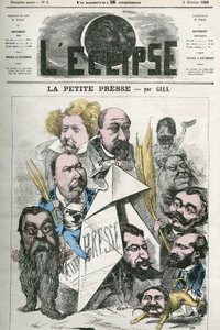 Opprettelsen av ""La Petite Presse"", med Jannin, Delsaux, Hermant, Hemery, De Balathier, Bragelonne, Dumas, Ponson du Terrail, Jean du Boys, Revillon og Coste. Cover i "" The Eclipse"" av Gill, 9. februar av Andre Gill
