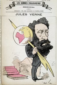 Jules Verne klyper jorden til pennen sin - av Gill, i «The men of today»»