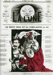 Le Boeuf gras et sa lament, illustrasjon av en sang. Tegneserie av Gill, i «La Lune», 3. mars av Andre Gill
