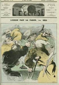 Lunion lager farsen", karikatur av de politiske avisene "L'ordre", "" Constitutional", "" Le Francais" og "" L'Univers", og kranglet. Omslag i "" L'Eclipse"" av Gil av Andre Gill