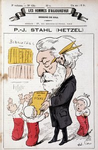 Portrettladning av Pierre Jules Hetzel som tilbyr Stahls verk (hans pseudonym) til småbarn, "" The Men of Today"", n.d. sent 19. av Andre Gill