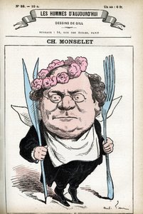 Portrett av Charles Monselet (1825-1888), fransk poet, journalist, romanforfatter og gastronom. Tegneserie av Gill, i «Les Homme d