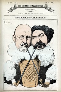 Portrett av Emile Erckmann (1822-1899) og Alexandre Chatrian (1826-1890), franske romanforfattere. Tegneserie av Gill, i «Les Homme d
