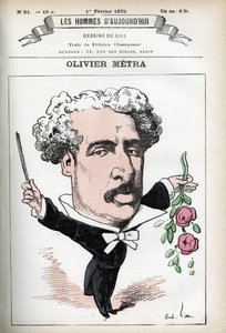 Portrett av Olivier Metra (1830-1889), fransk skuespiller, populær komponist. Tegneserie av Gill, i «Les Homme d