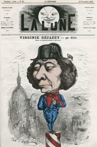 Portrett av Virginie Dejazet (1798-1875), fransk skuespillerinne i rollen som Bonaparte. Tegneserie av Gill, i «La Lune», 10. november av Andre Gill
