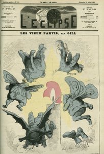 De gamle politiske partiene i Frankrike som royalistene eller bonapartistene er skremt av republikkens lys. Omslag i "" L'Eclipse"" av Gill, 23. juli av Andre Gill