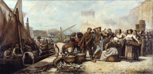 Ankomst av fiskere til den gamle havnen i Marseille av Andre Marius Guindon