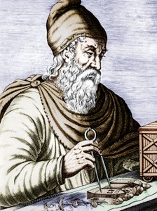 Archimede (287-212 avJC), gresk siciliansk fysiker og matematiker, graverer fargelagt dokument av Andre Thevet
