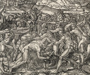 Kamp mellom stammene Margageaz og Tabajares, gravering fra Universal Cosmology, av Andre Thevet (1504-1592) av Andre Thevet