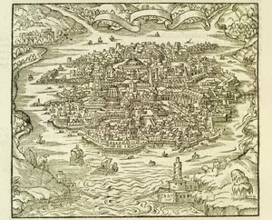 City of Quinsai (nå Tianjin), gravering fra La Cosmographie Universelle (Universal Cosmography) av Andre Thevet