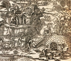 Indiske slaver som jobber i gruven på Cuba, Illustrasjon fra Cosmography av Andre Thevet, gravering av Andre Thevet