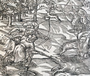 Indere villsvinjakt, gravering fra Universal Cosmology, av Andre Thevet (1504-1592), Paris av Andre Thevet