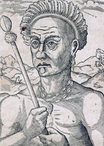 King Quoniambec, Brasil, gravering fra Universal Cosmology, av Andre Thevet (1504-1592), Paris av Andre Thevet