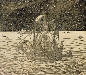 Sjømenn følger den nordlige ruten, gravering fra Universal Cosmology, av Andre Thevet (1504-1592), Paris av Andre Thevet