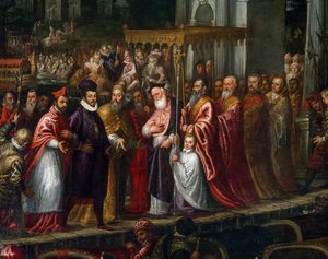 Doge Mocenigo og patriark Trevisan ønsket Henry III velkommen til Lido i 1574