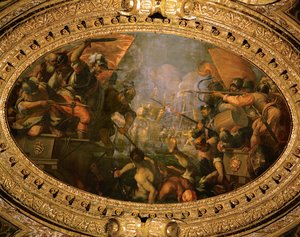 Venetiansk seier over rivaliserende maritim bystat Pisa i 1099 under Giovanni Michiel (olje på lerret) av Andrea (1539-1614) Vicentino