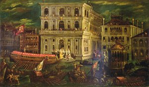 Ombordstigning av Dogaressa Morosina Morosini Grimani 4. mai 1597, Venezia, ca. 1600 (olje på lerret)