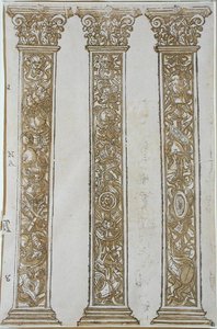 Arkitektoniske motiver som danner en grense til prosesjonen til Cæsar, av Andrea Andreani (1540-1623) (tresnitt) av Andrea (after) Mantegna